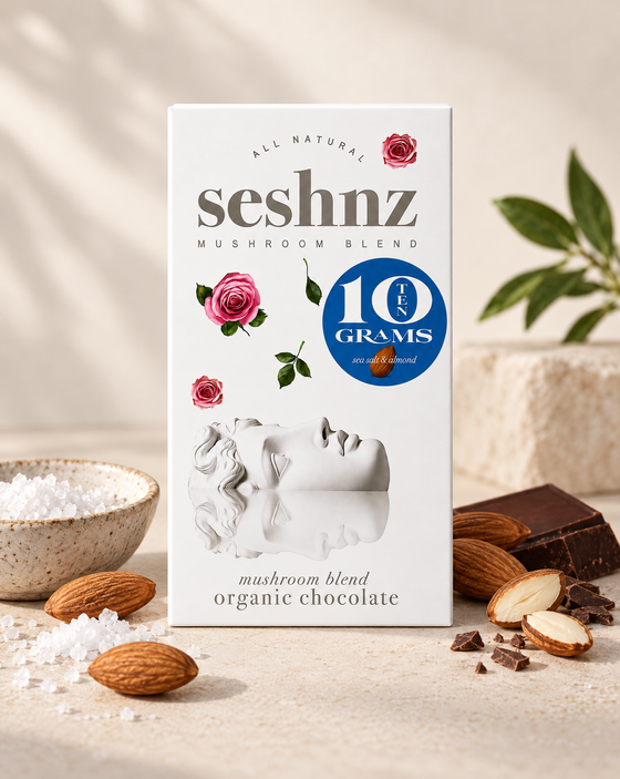 Seshnz Sea Salt Almond 10g mushroom chocolate bar with almond and sea salt flavor styling