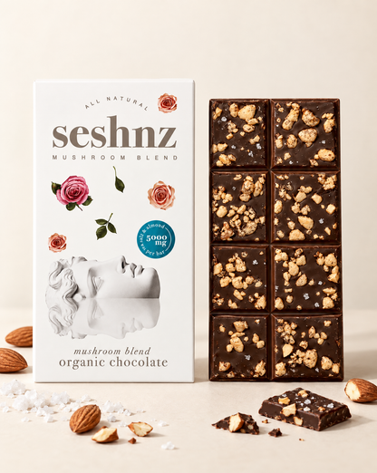 Seshnz Sea Salt Almond mushroom chocolate bar package with breakable chocolate pieces