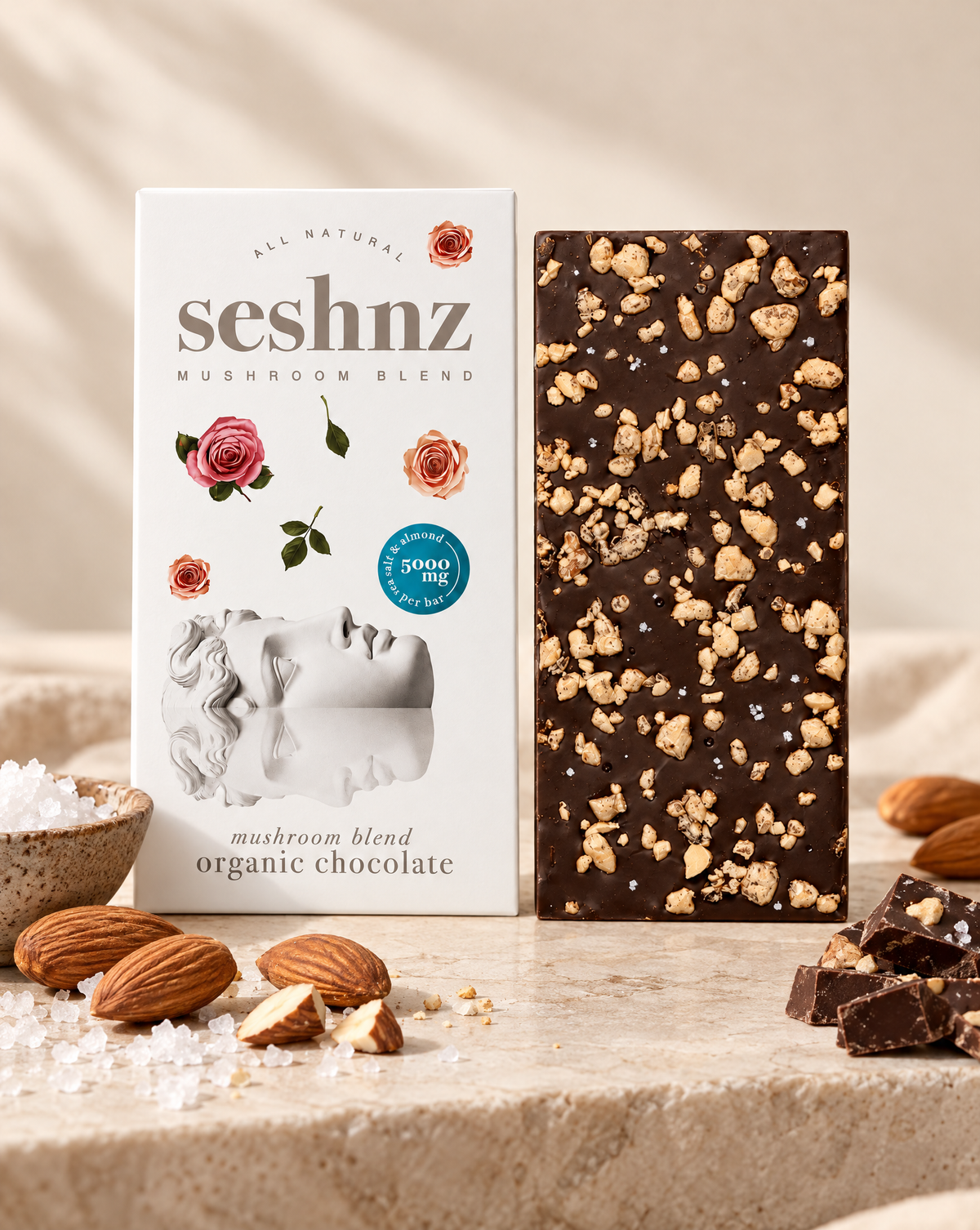 Seshnz Sea Salt Almond mushroom chocolate bar with almond and sea salt flavor styling