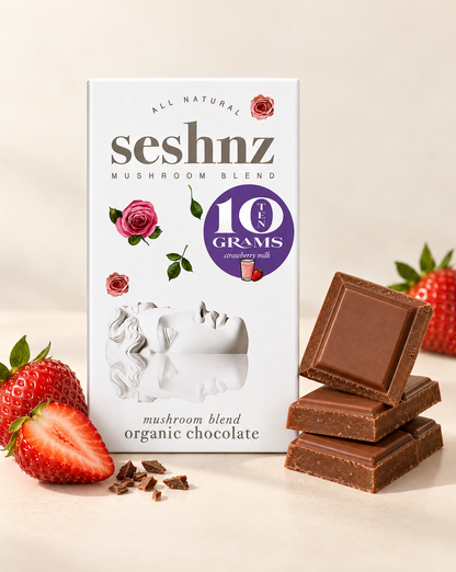 Seshnz Strawberry Milk 10g mushroom chocolate bar package with breakable chocolate pieces