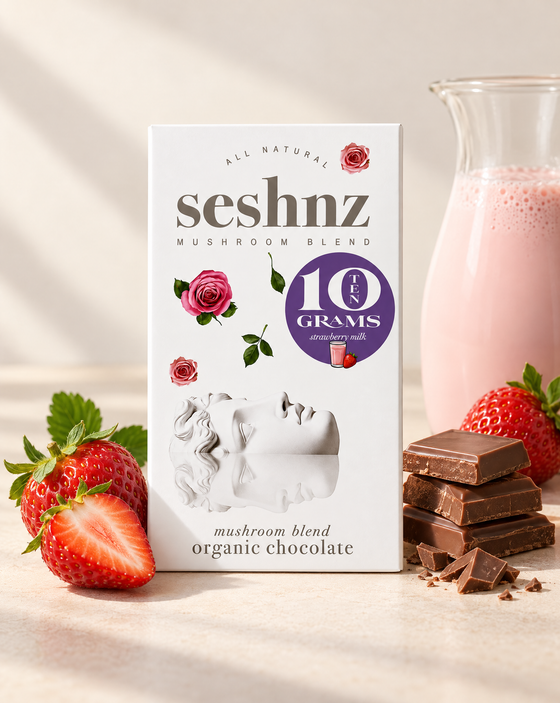Seshnz Strawberry Milk 10g mushroom chocolate bar with strawberry and white chocolate flavor styling