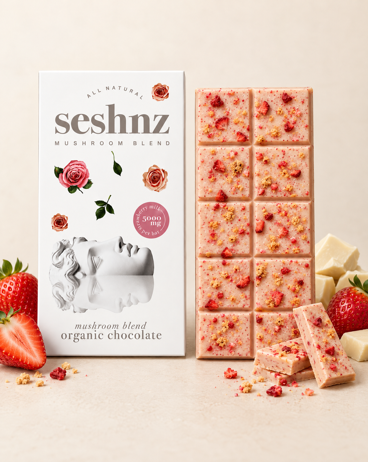 Seshnz Strawberry Milk mushroom chocolate bar package with breakable chocolate pieces