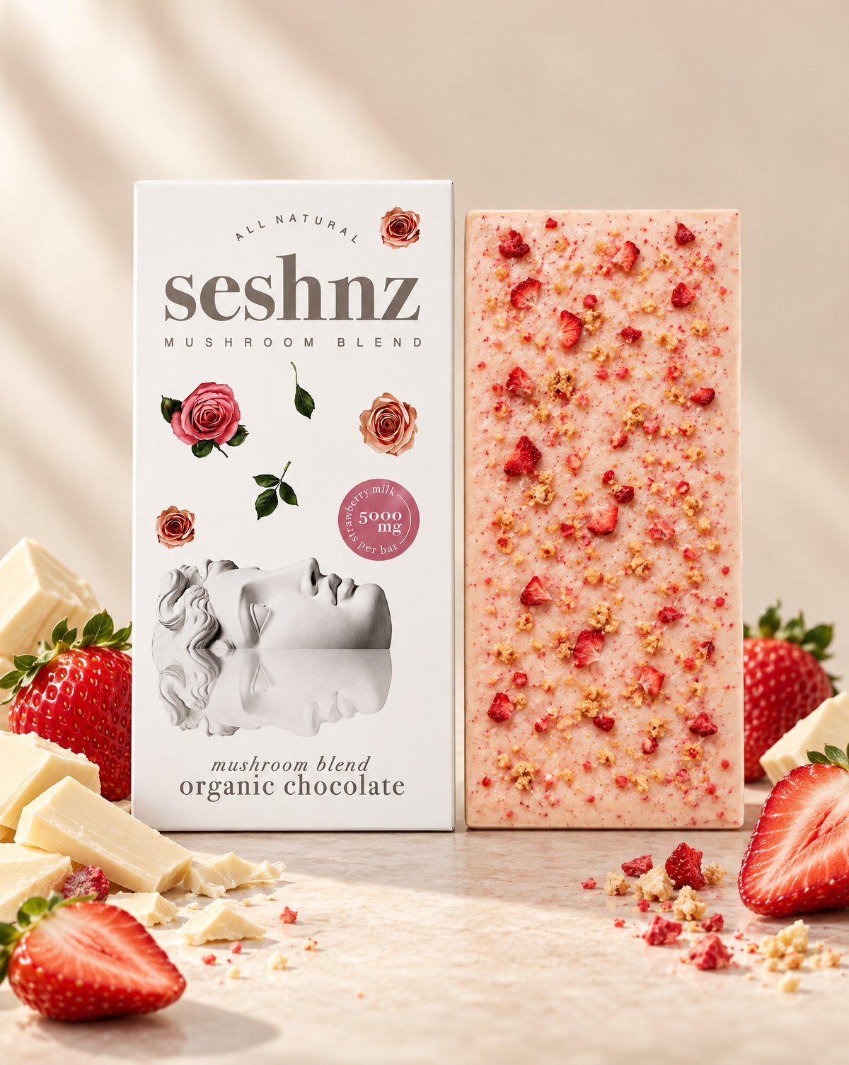 Seshnz Strawberry Milk mushroom chocolate bar with strawberry and white chocolate flavor styling