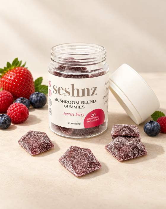 Seshnz Sunrise Berry 10g mushroom gummies 20-count jar with individual gummy pieces