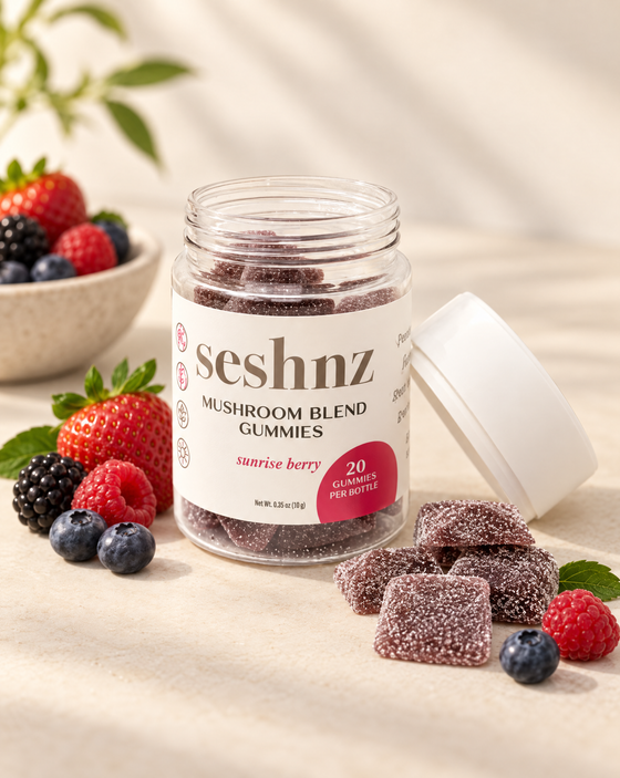 Seshnz Sunrise Berry 10g mushroom gummies 20-count jar with berry flavor styling