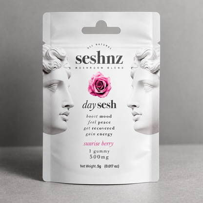 Seshnz Sunrise Berry single gummy package, alternate closer view