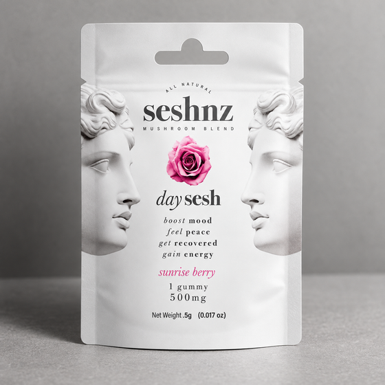 Seshnz Sunrise Berry single gummy package, alternate closer view