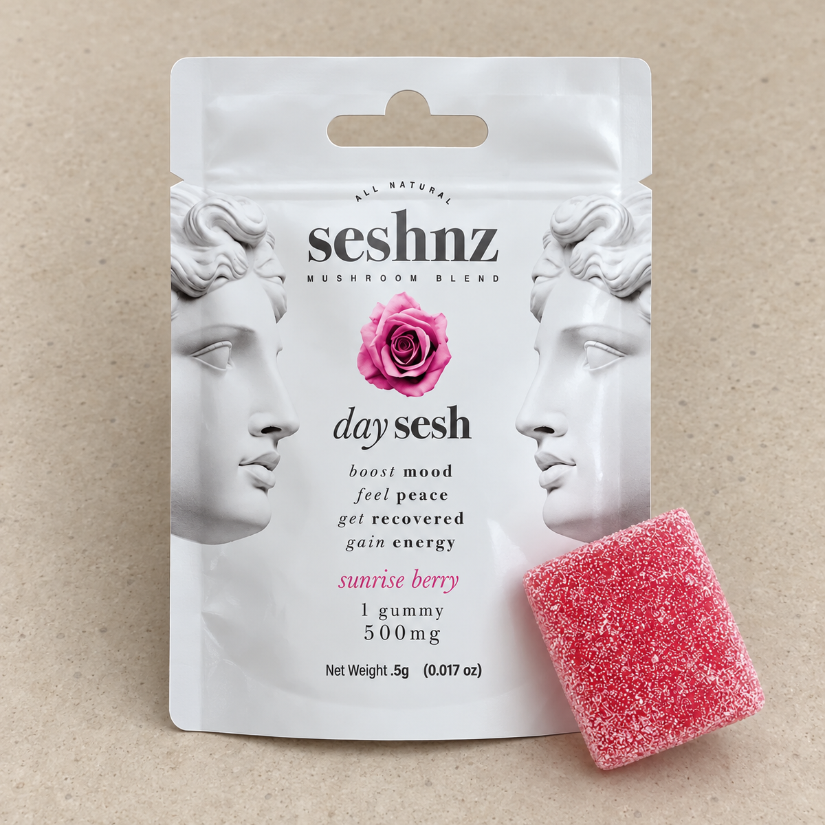Seshnz Sunrise Berry single gummy package, neutral-background view