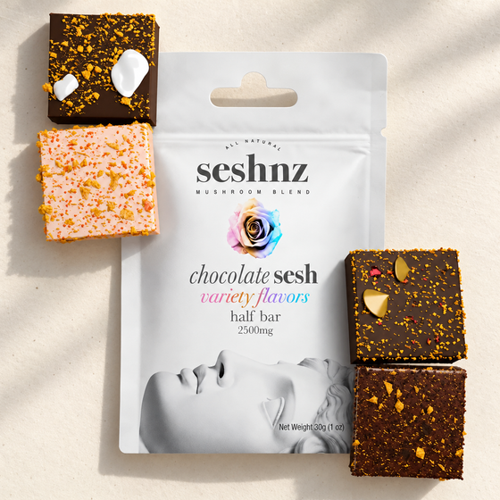 Seshnz chocolate half-bar variety, neutral-background alternate product view